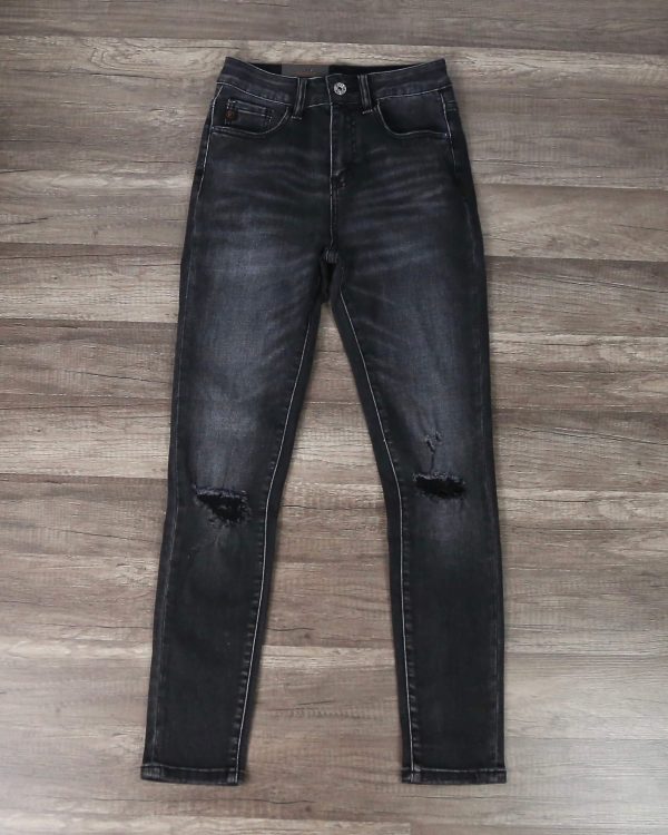 Ckoey Faded Dark Grey High Rise Distressed Skinny Jeans